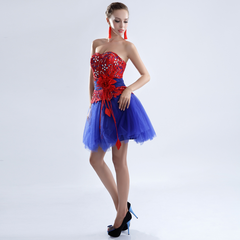 Royal Blue Cocktail Dress With Red Lace For Women,Red And Blue Dresses