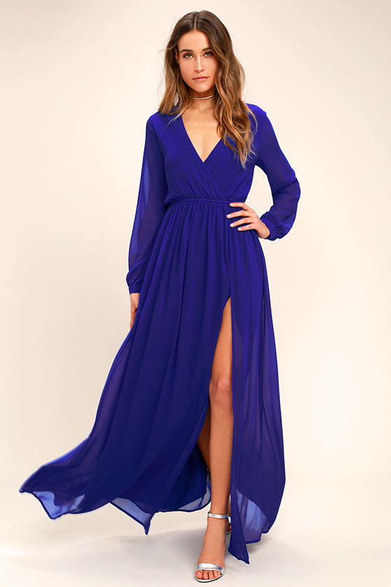Lovely Royal Blue Dress - Maxi Dress - Long Sleeve Dress