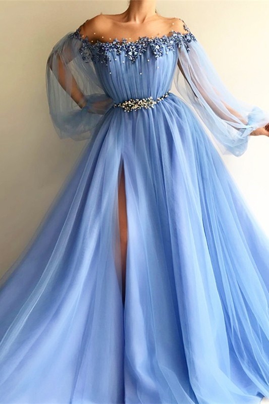 Elegant Ball Gown Off The Shoulder Long Sleeves Side Slit Blue Tulle