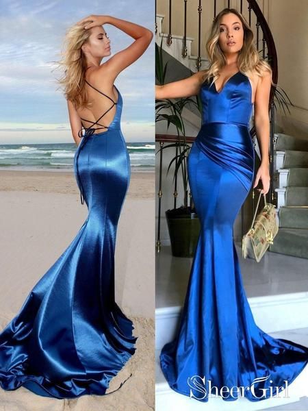 Royal Blue Long Mermaid Prom Dresses 2019 Backless Gold Pageant Dress