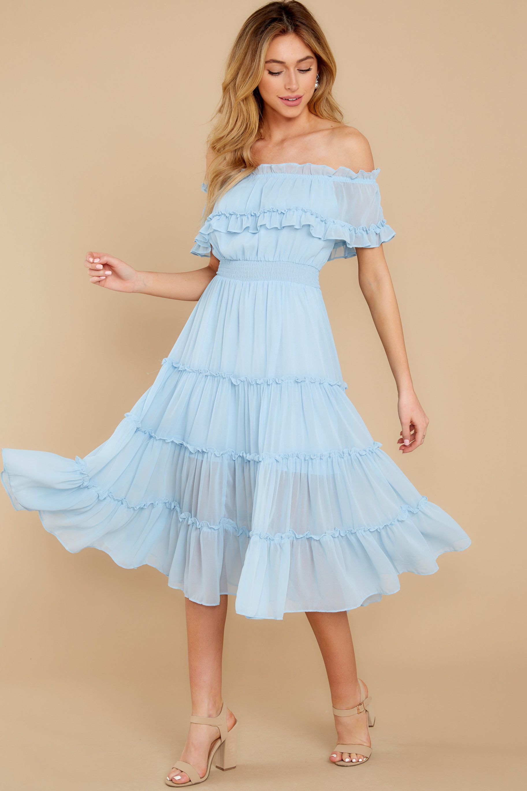 As She Goes Light Blue Off The Shoulder Midi Dress in 2020 | Midi