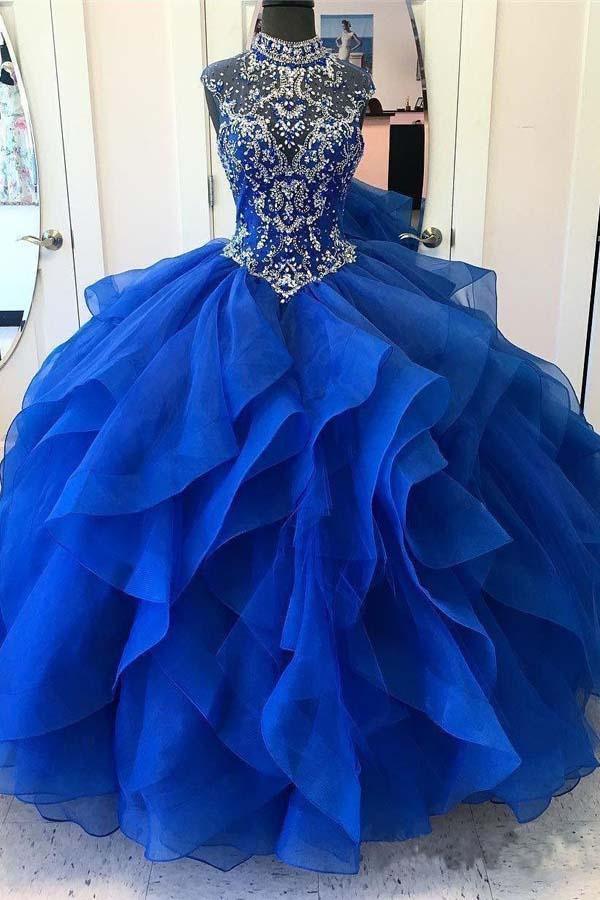 Royal Blue Halter Ruffles Sparkly Ball Gown Quinceanera Dresses, Prom