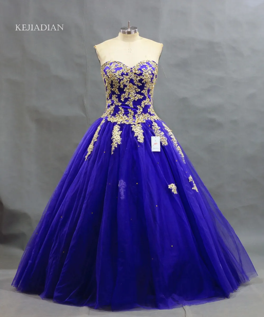 New Arrival Dark Royal Blue Ball Gown Gold Lace Applique Quinceanera