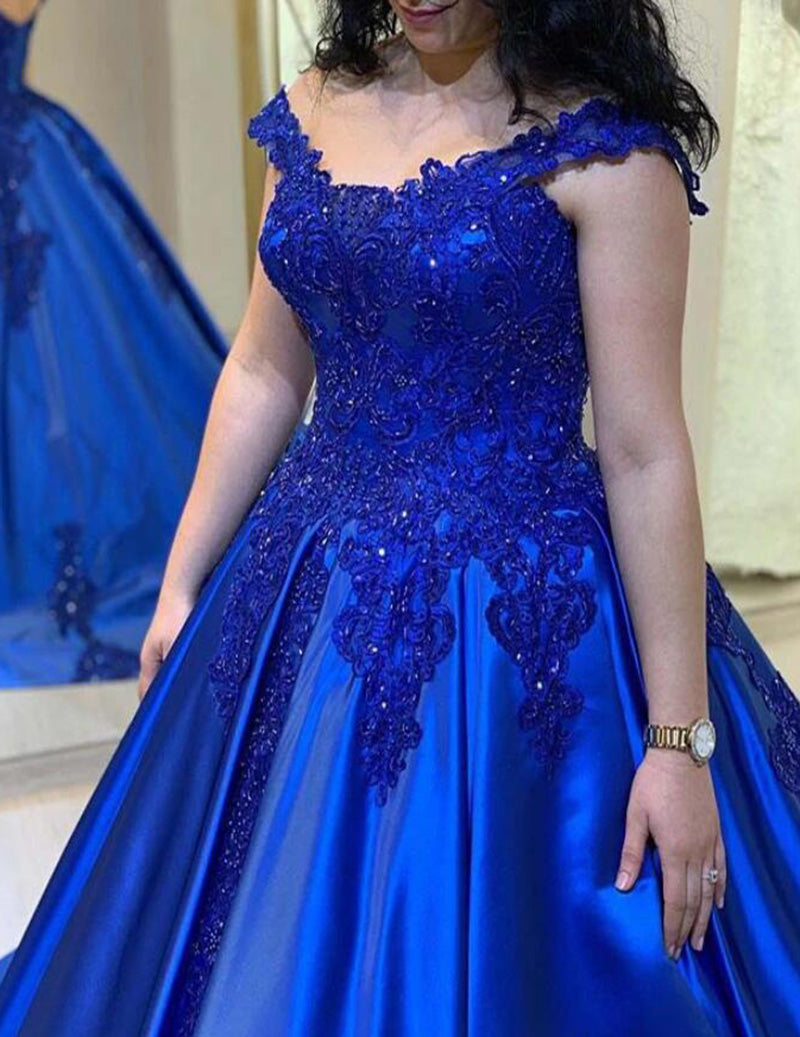 Royal Blue Lace Ball Gown Women Formal Wedding Party Gowns Evening Wea