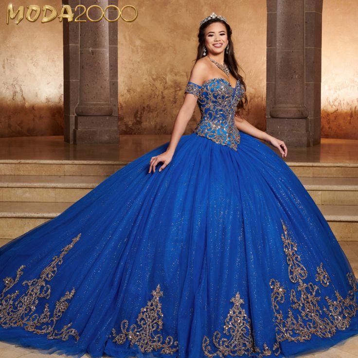 Elegant royal blue and gold off the shoulder quinceañera dress