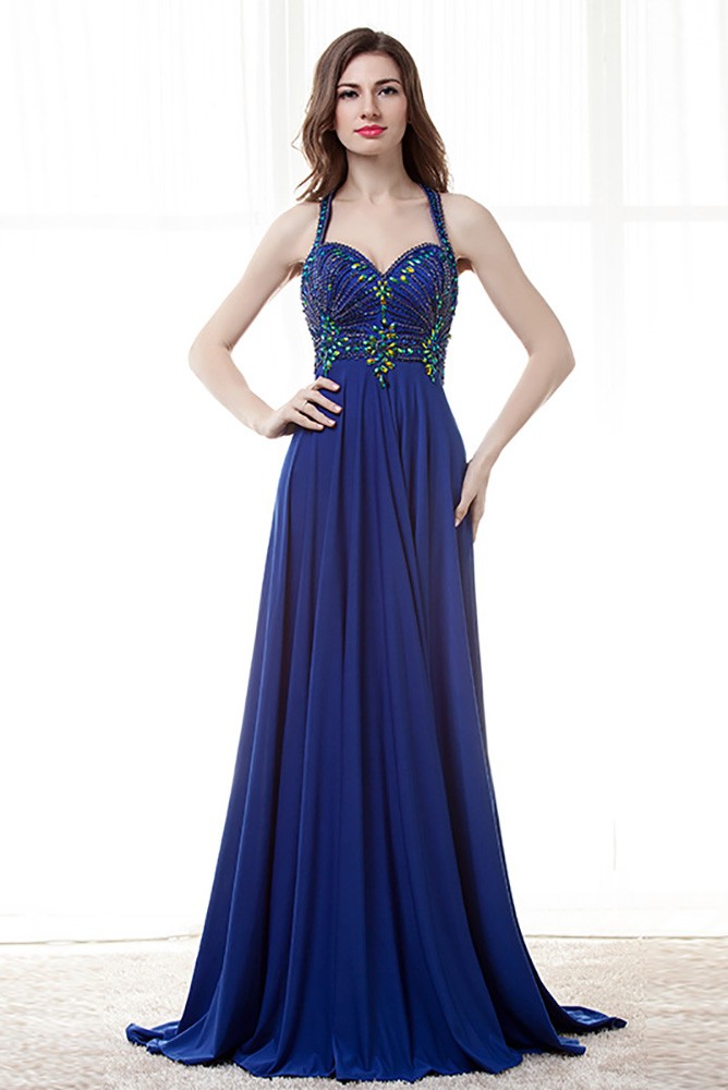 Unique Long Halter Royal Blue Prom Dress With Beaded Bodice #H76055