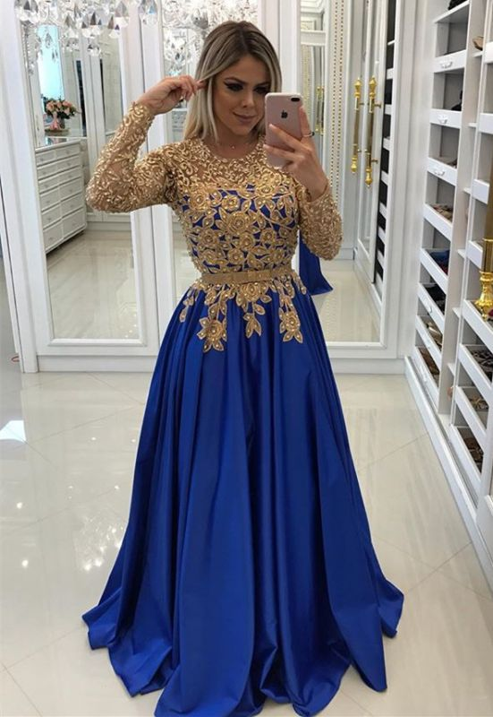 Modern Royal Blue & Gold Lace Formal Dress | Long Sleeve Party Gowns