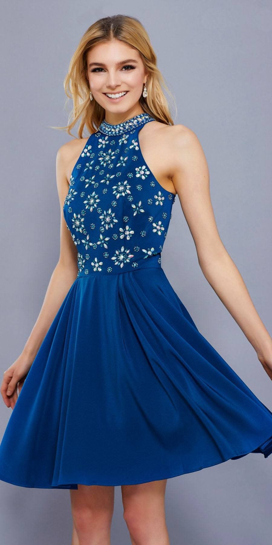 Royal Blue Halter High Neckline Beaded Top Homecoming Dress Short
