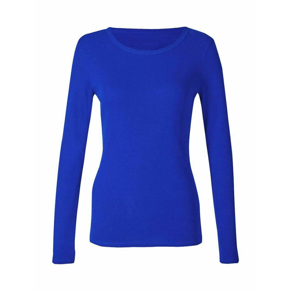 (L) Womens Ladies Royal Blue Long Sleeve T-Shirt Stretch Plain Round