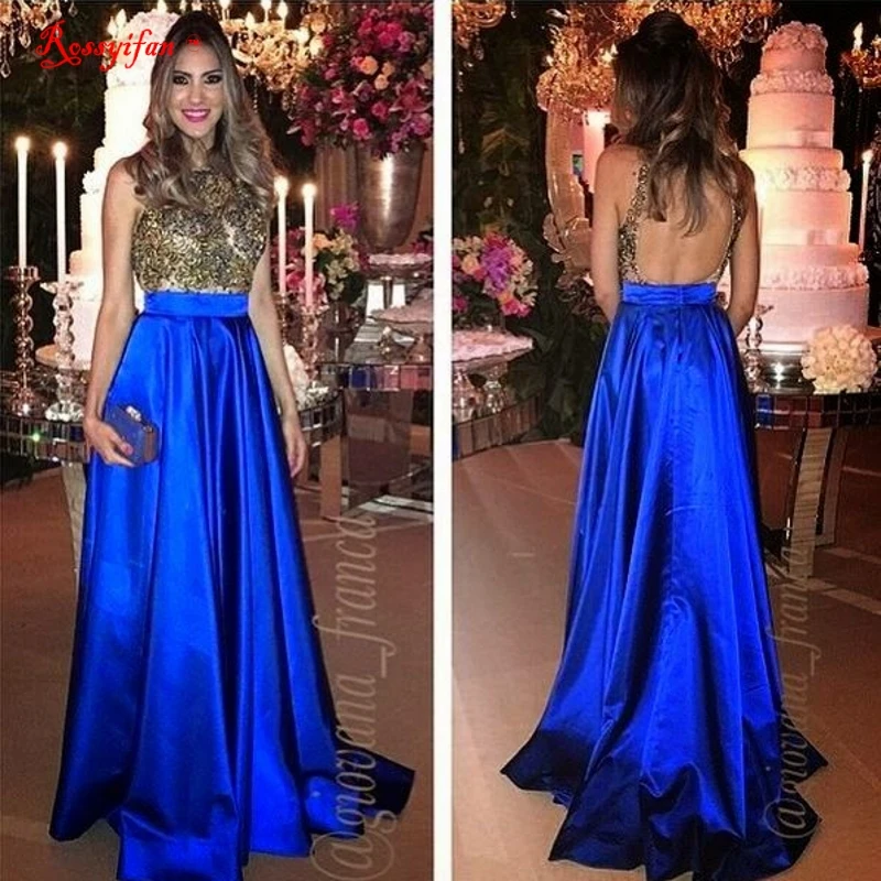 Long Elegant Evening Dress 2017 Charming Royal Blue Gold Applique Lace