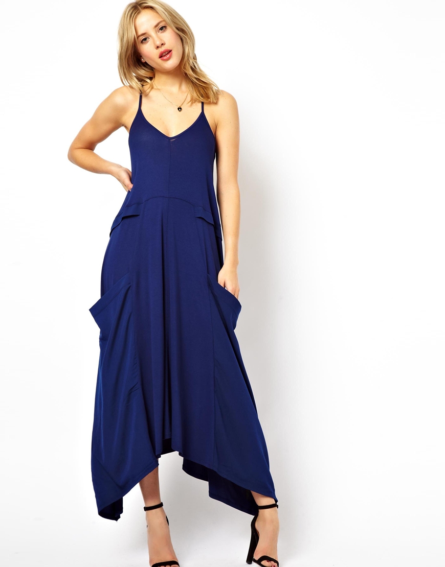Asos Maxi Dress with Drape Pockets in Blue (Navy) | Lyst