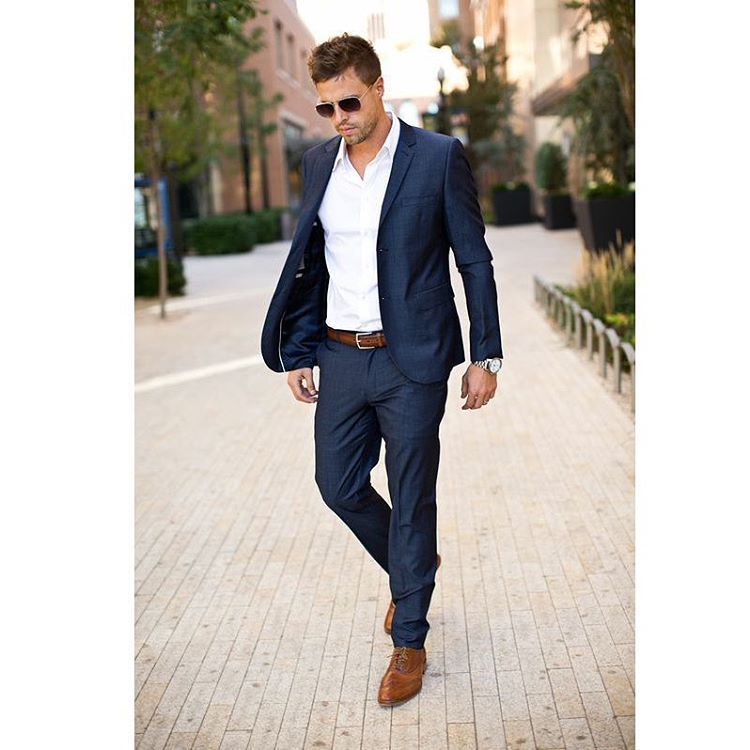 dark blue suit, white shirt, brown shoes and belt Navy Suit Brown Shoes