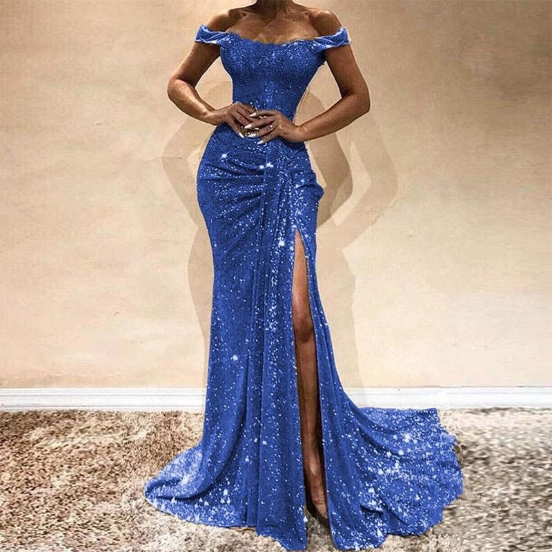 Gold Royal Blue Mermaid Prom Dress Lace Appliques Sexy Slit Sequined