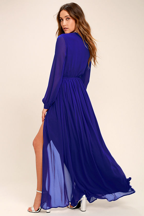 Lovely Royal Blue Dress - Maxi Dress - Long Sleeve Dress - $78.00