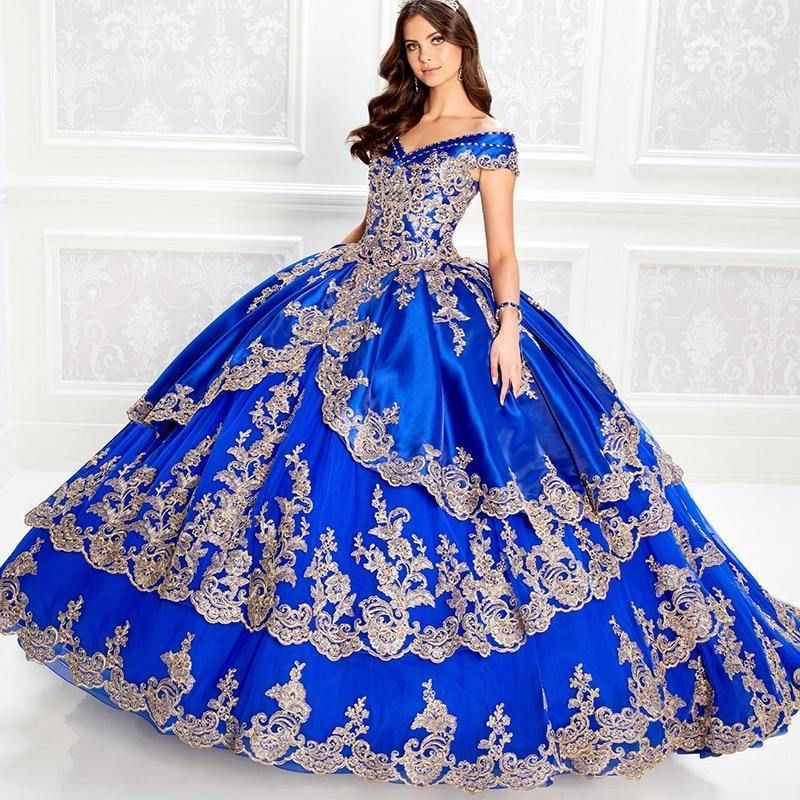 Royal Blue Gold Appliqued Quinceanera Dress | Quinceanera dresses blue