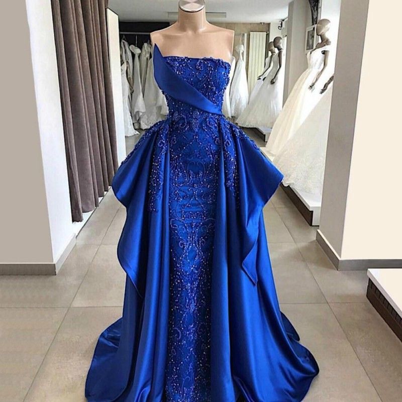Luxury Royal Blue Mermaid Evening Dresses With Detachable Train Lace