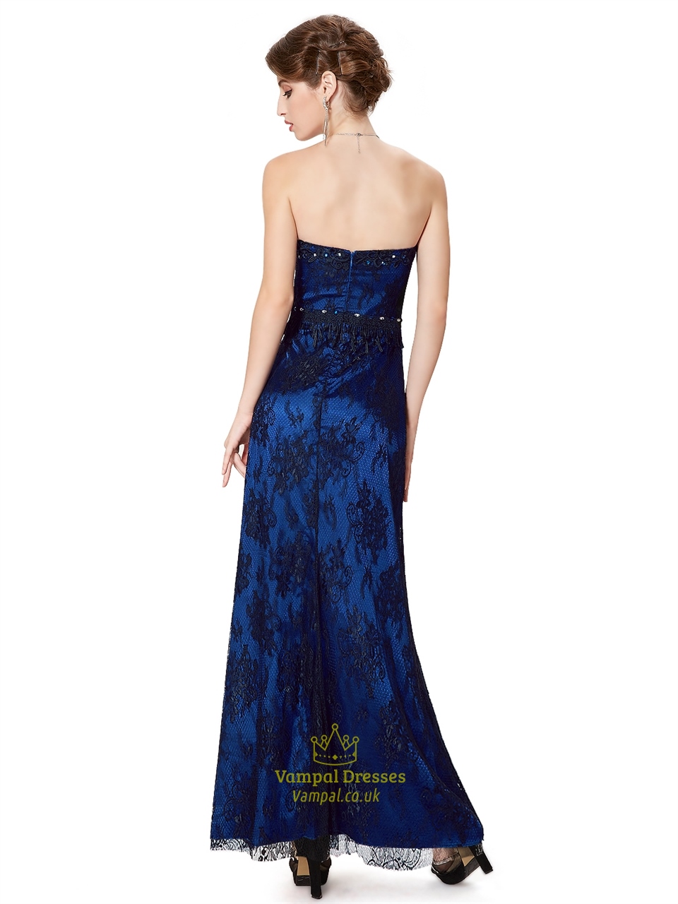 Royal Blue And Black Strapless Lace Prom Dress With Beaded Detail