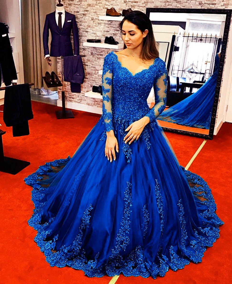 Long Sleeves Royal Blue Lace Ball Gowns Wedding Dresses | Blue wedding