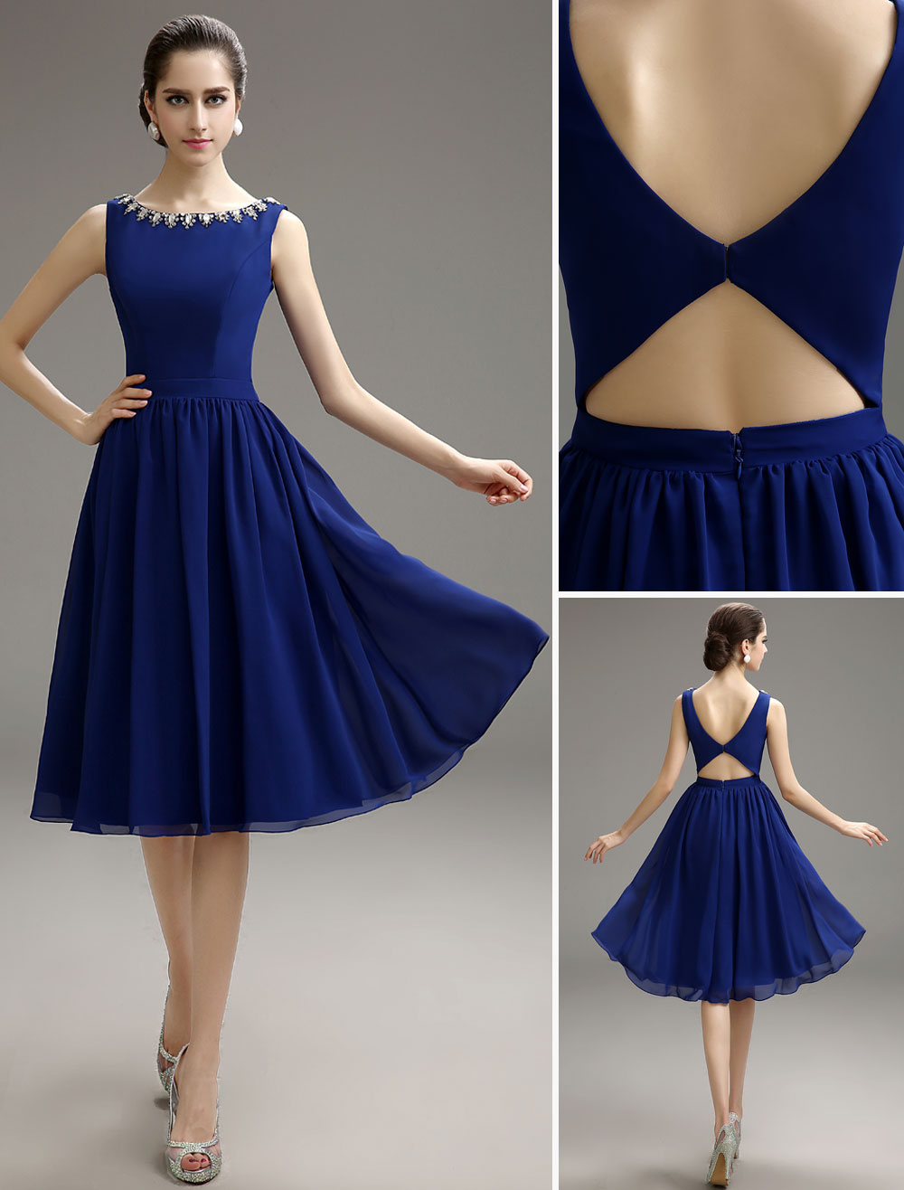 Blue Prom Dress 2018 Short Chiffon Beaded Cocktail Dress Royal Blue