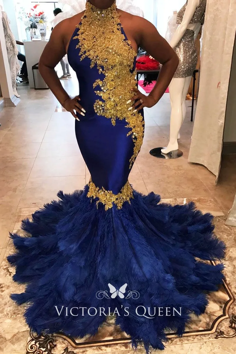 Beaded Gold Lace Appliqued Mermaid Feathers Blue African American Prom