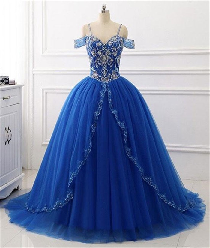 Ball Gown Sweetheart Corset Back Royal Blue Tulle Beaded Prom Dress