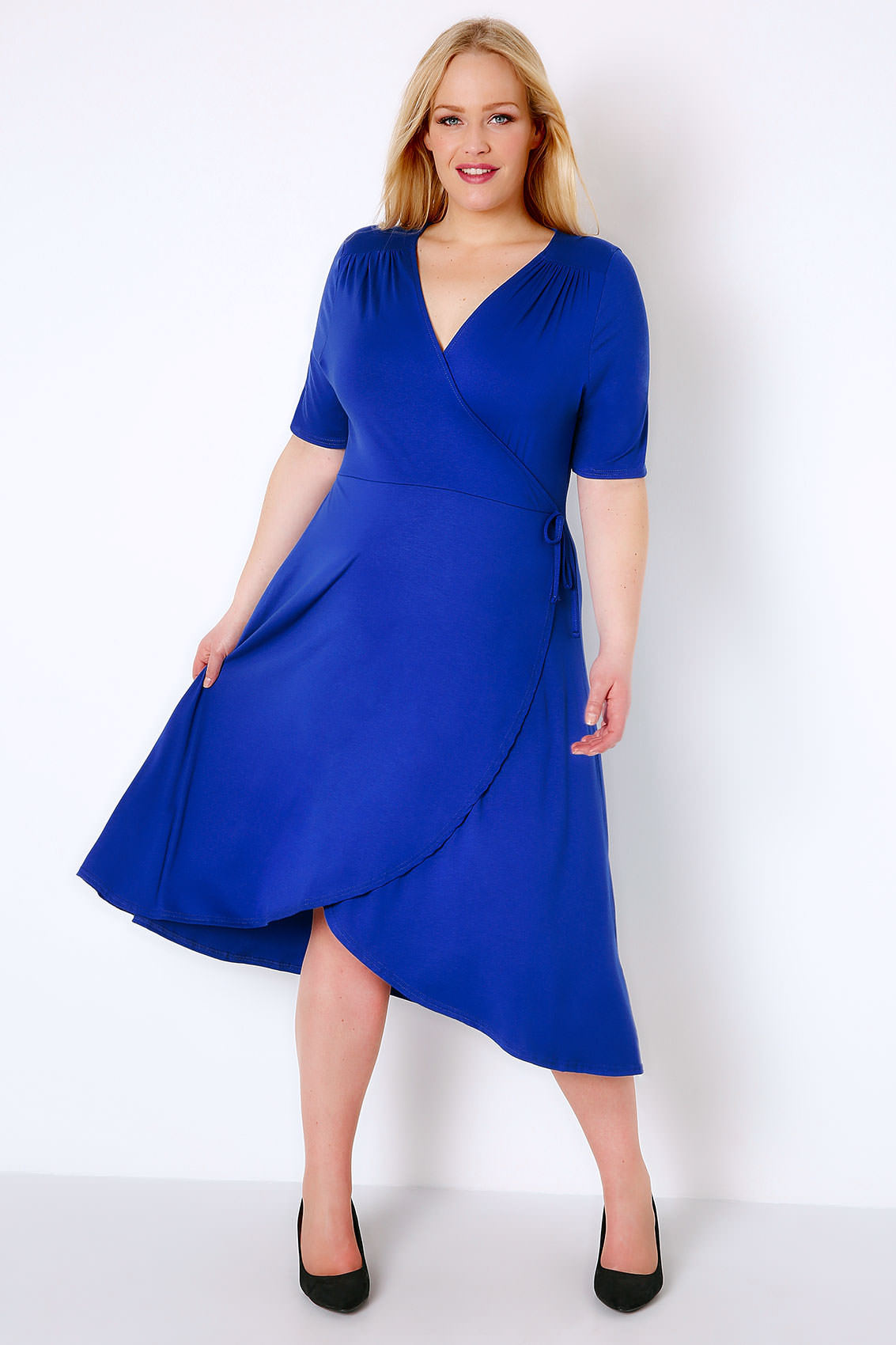 Royal Blue Wrap Dress With Short Sleeves, Plus size 16 to 32