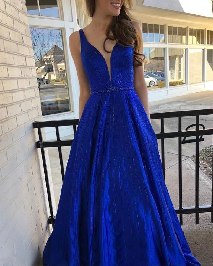 Sparkly Royal Blue Long Prom Dresses Waist with Rhinestones