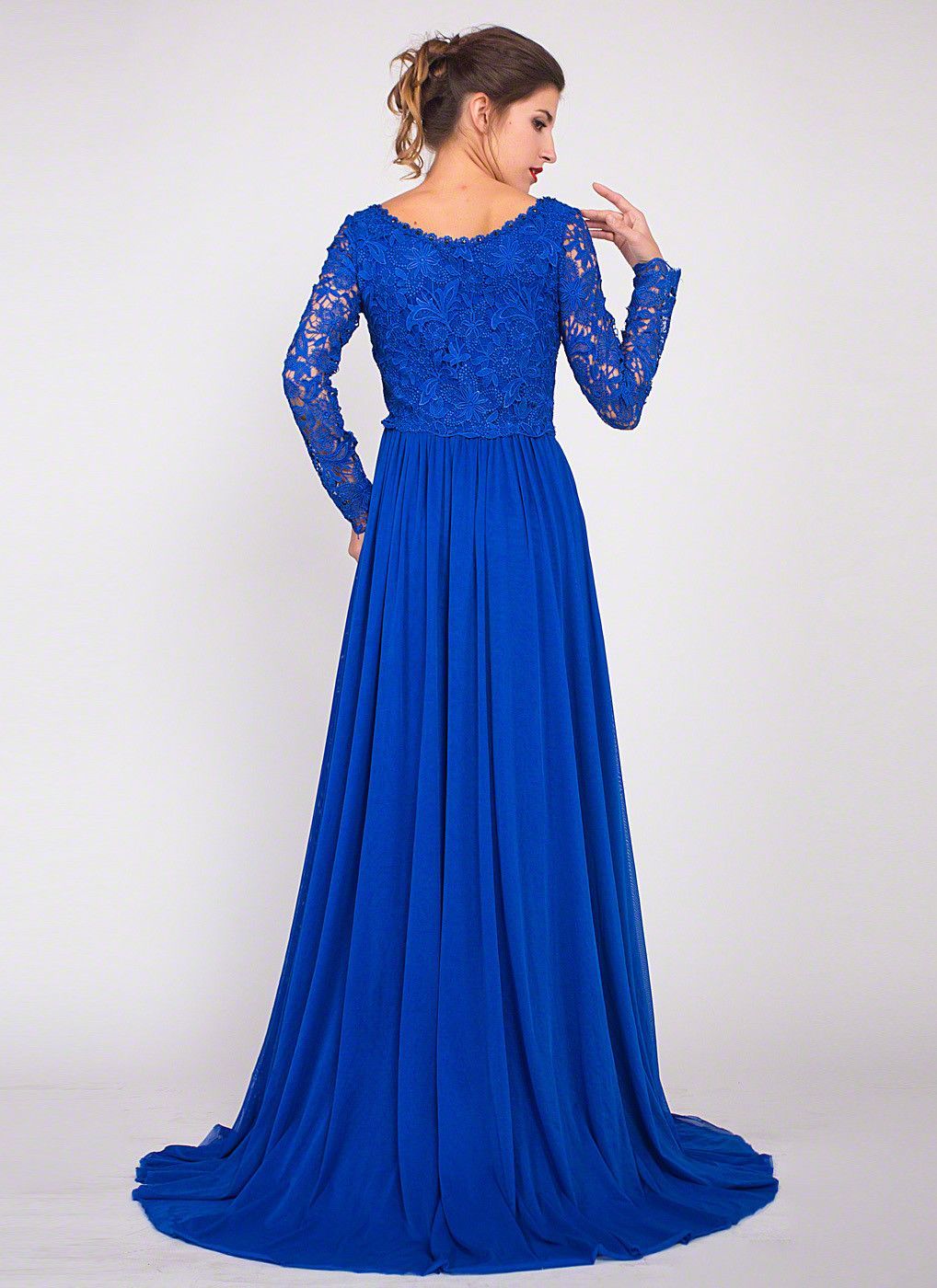 Royal Blue Floor Length Lace Evening Gown with Rhinestone Embellishment