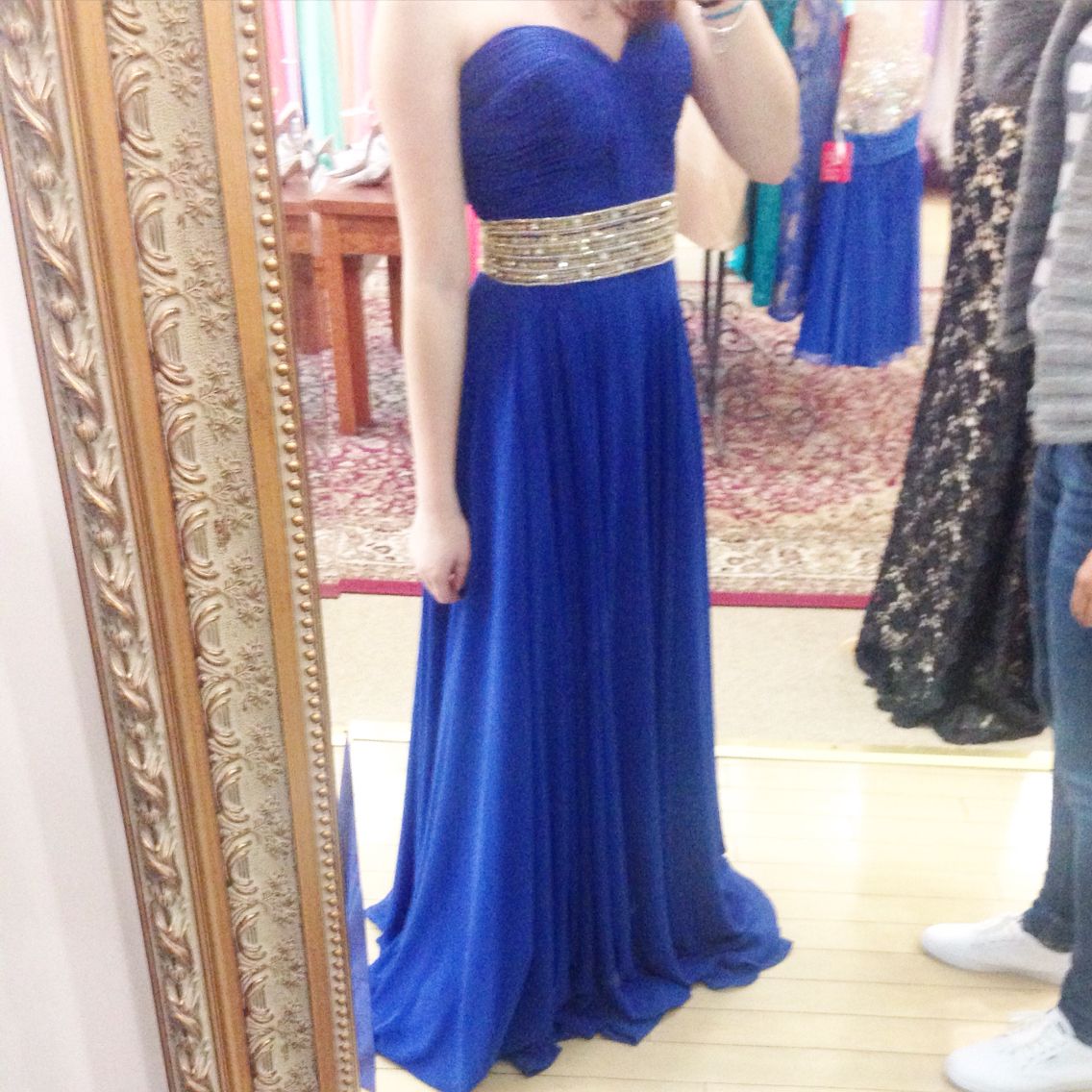 Royal Blue Gold Waistband Long Prom Dress