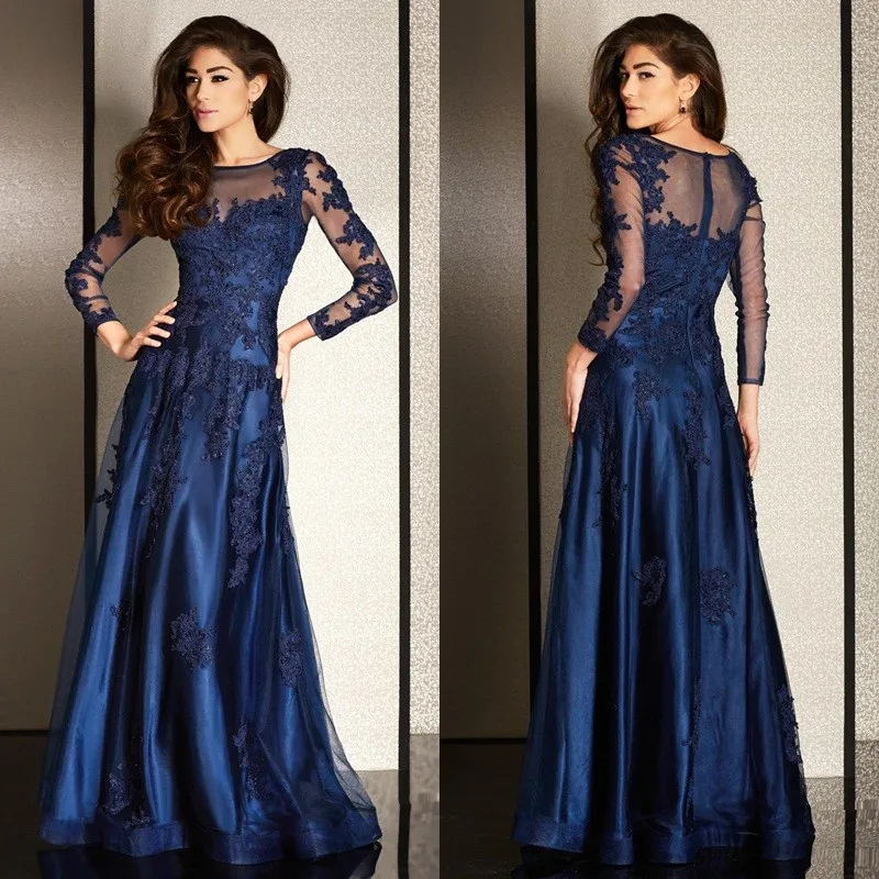 2016 Sheer Long Long Sleeve A Line Dark Royal Blue Evening Dresses