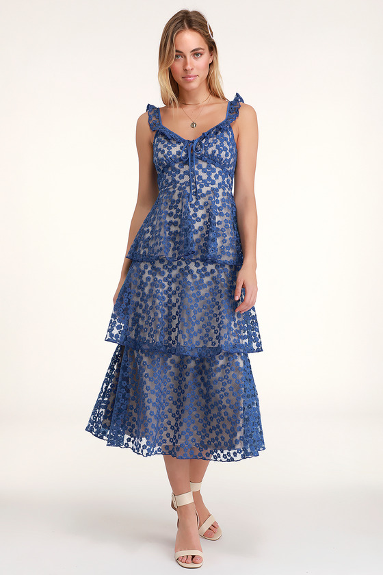 Lovely Royal Blue Embroidered Dress - Midi Dress - Tiered Dress - Lulus