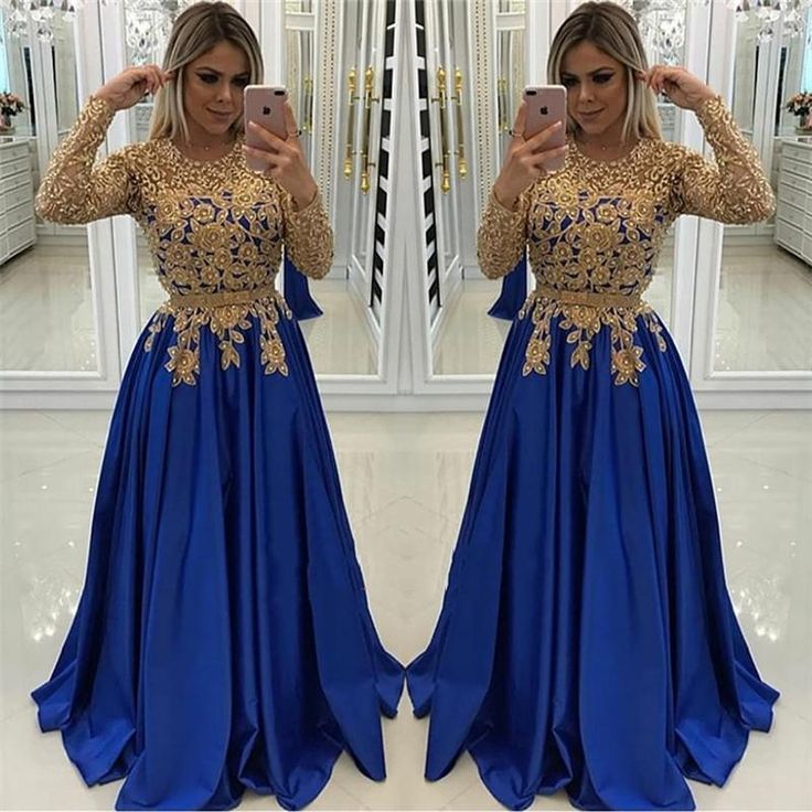 New Arrival A Line Satin Royal Blue and Gold Appliques Long Sleeves