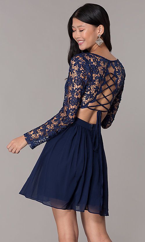 Navy Lace-Bodice Long-Sleeve Dress