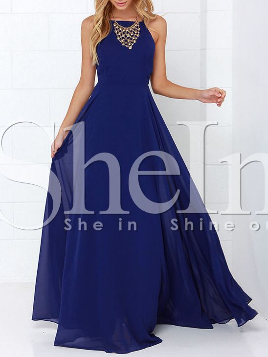 Blue Spaghetti Strap Backless Maxi Dress -SheIn(Sheinside) | Backless