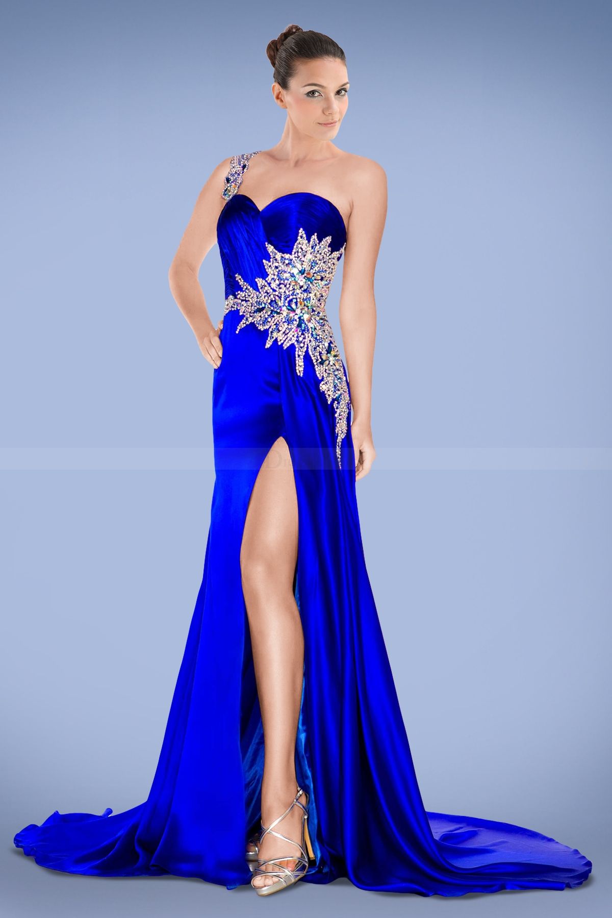 Compelling One-shoulder Royal Blue Prom Dress with Crystals and Split