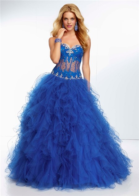 Ball Gown Sweetheart Sheer See Through Corset Royal Blue Tulle Ruffle