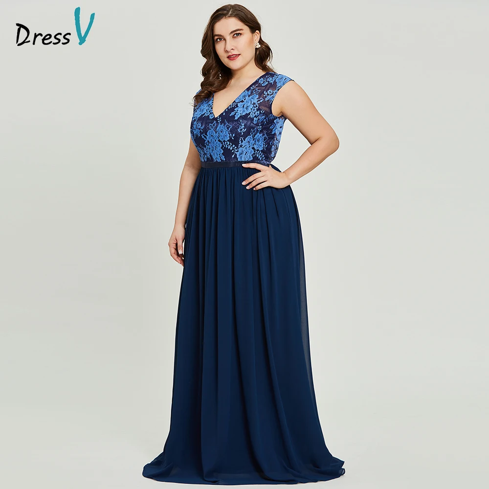 Dressv royal blue v neck plus size evening dress elegant a line sleeves