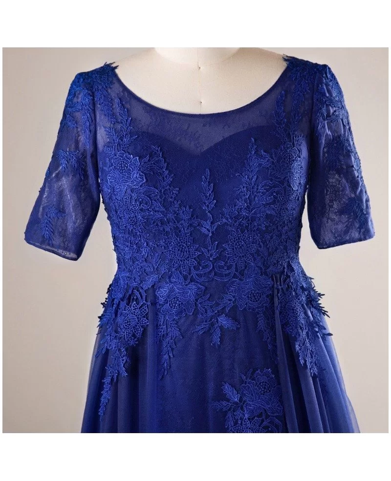 Plus Size Royal Blue Long Tulle And Lace Evening Dress With Sleeves #