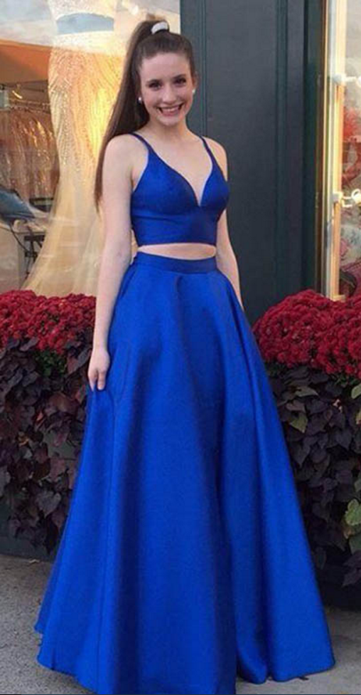 Sexy V Neck Royal Blue Prom Dress, A Line Two Piece Prom Dresses