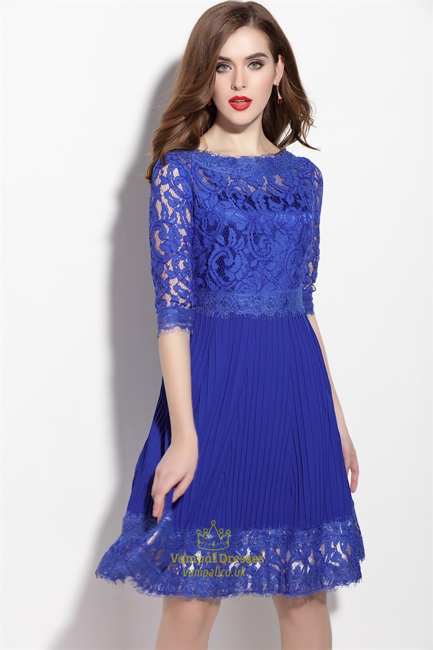 Royal Blue Lace Applique Fit And Flare Dress With 3/4 Sleeves | Vampal