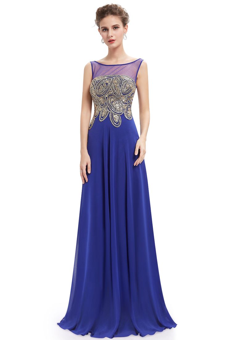 Royal Blue & Gold Embroidered Chiffon Evening Maxi Dress