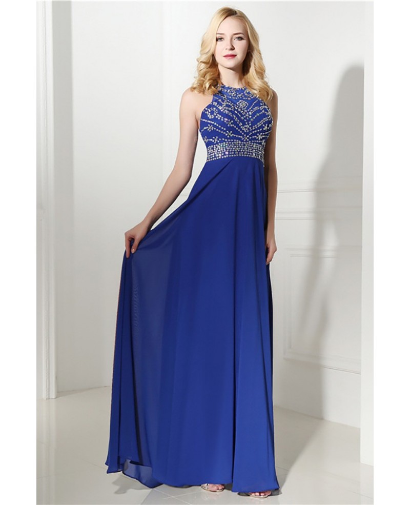 Royal Blue Long Halter Evening Dress Chiffon With Beading Top|bd28843