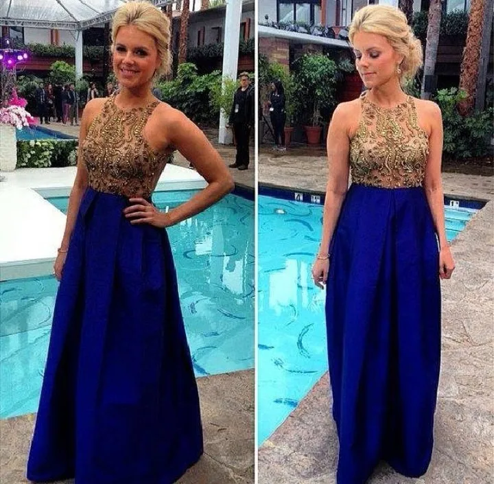 Elegant Long Royal Blue Gold Prom Dresses 2015 Sexy Elie Saab Evening
