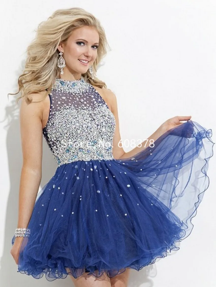 Shiny Sequin Beaded Tulle Royal Blue Sexy Short Prom Dress 2015 Off the
