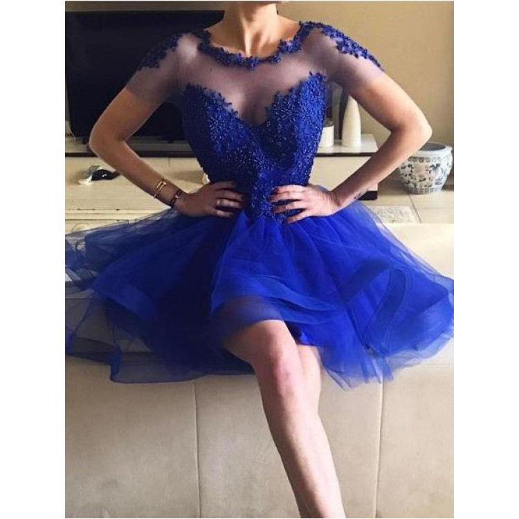 Short Royal Blue Homecoming Dresses,Applique Homecoming Dresses,Tulle