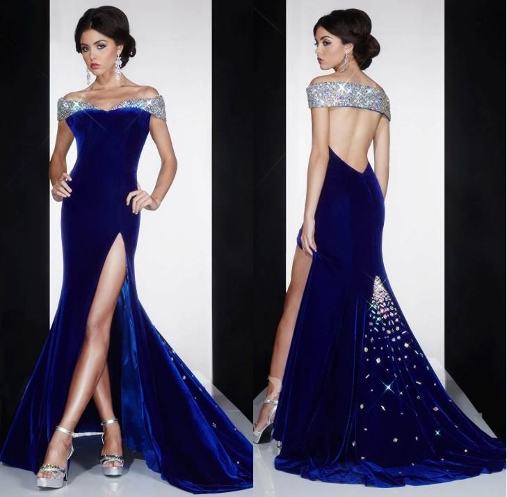 New Arrival 2016 Royal Blue Velvet Formal Evening Dresses Crystals