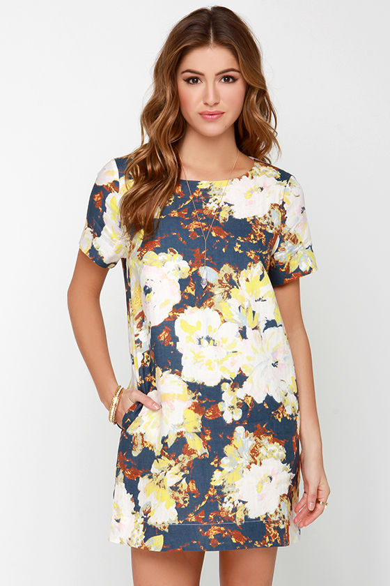 Lovely Navy Blue Dress - Floral Print Dress - Shift Dress - $91.00