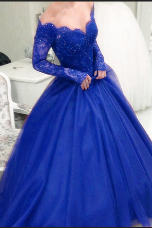 Formal Royal Blue Long Sleeves Long Lace Princess Prom Dress Ball Gown
