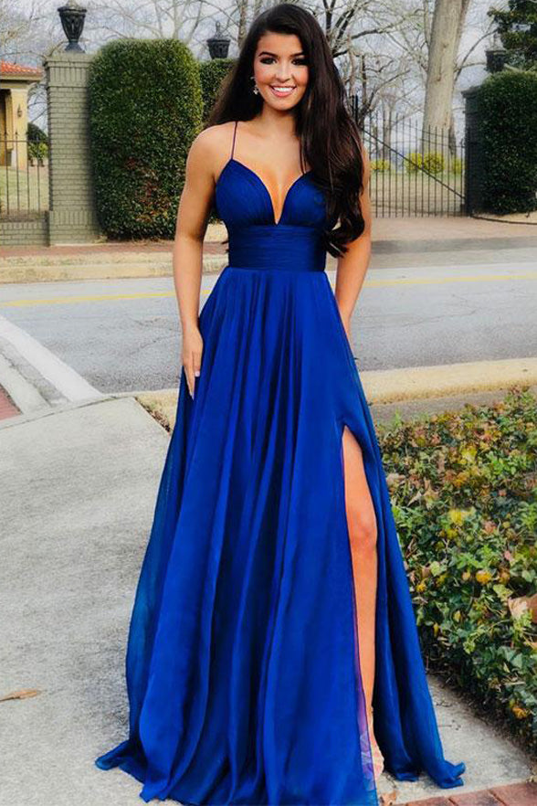 Elegant Royal Blue Spaghetti Straps Prom Dresses Formal Evening Dress