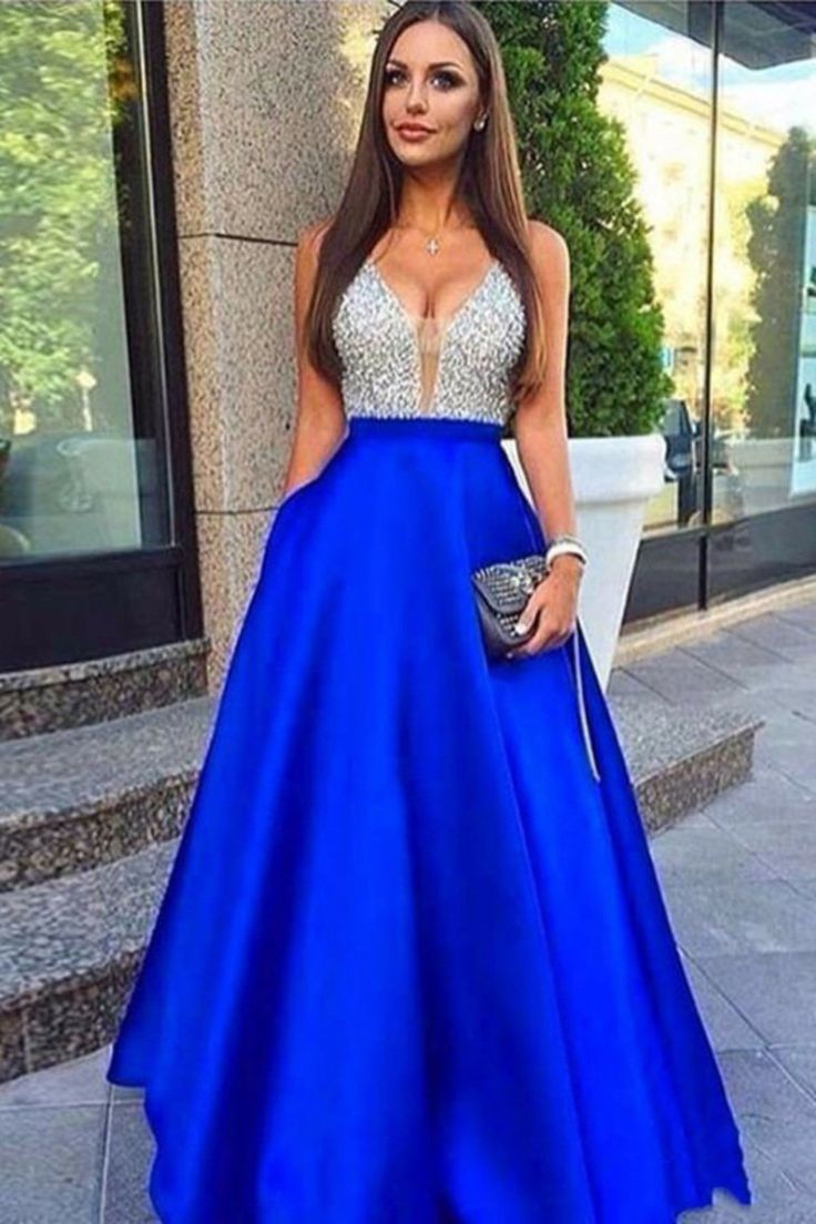 Sparkly V-Neck Silver And Royal Blue Long A-Line Prom Dresses Party